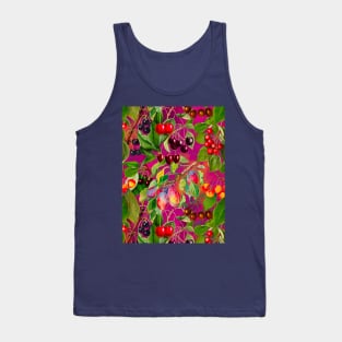 Exotic tropical floral leaves and fruits, botanical pattern, tropical fruits pattern, Pink and fuchsia fruit pattern over a Tank Top